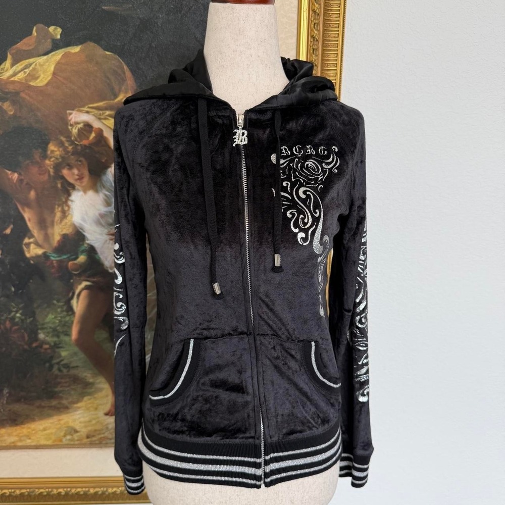 Y2K Black Velour BCBG Grungy Rose Hoodie